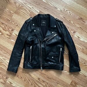 Zara 100% Leather Classic Biker Jacket - Black - Size XL